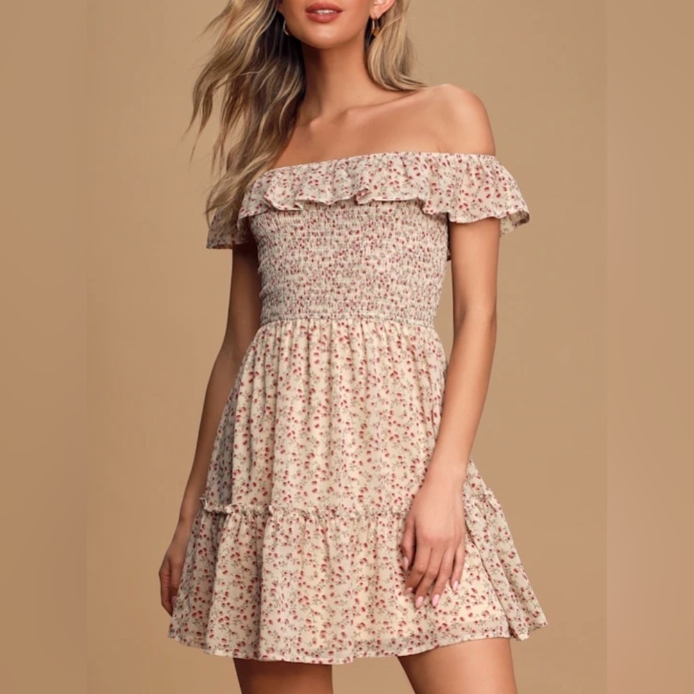 Lulus Say So floral smocked off the shoulder mini dress sz medium